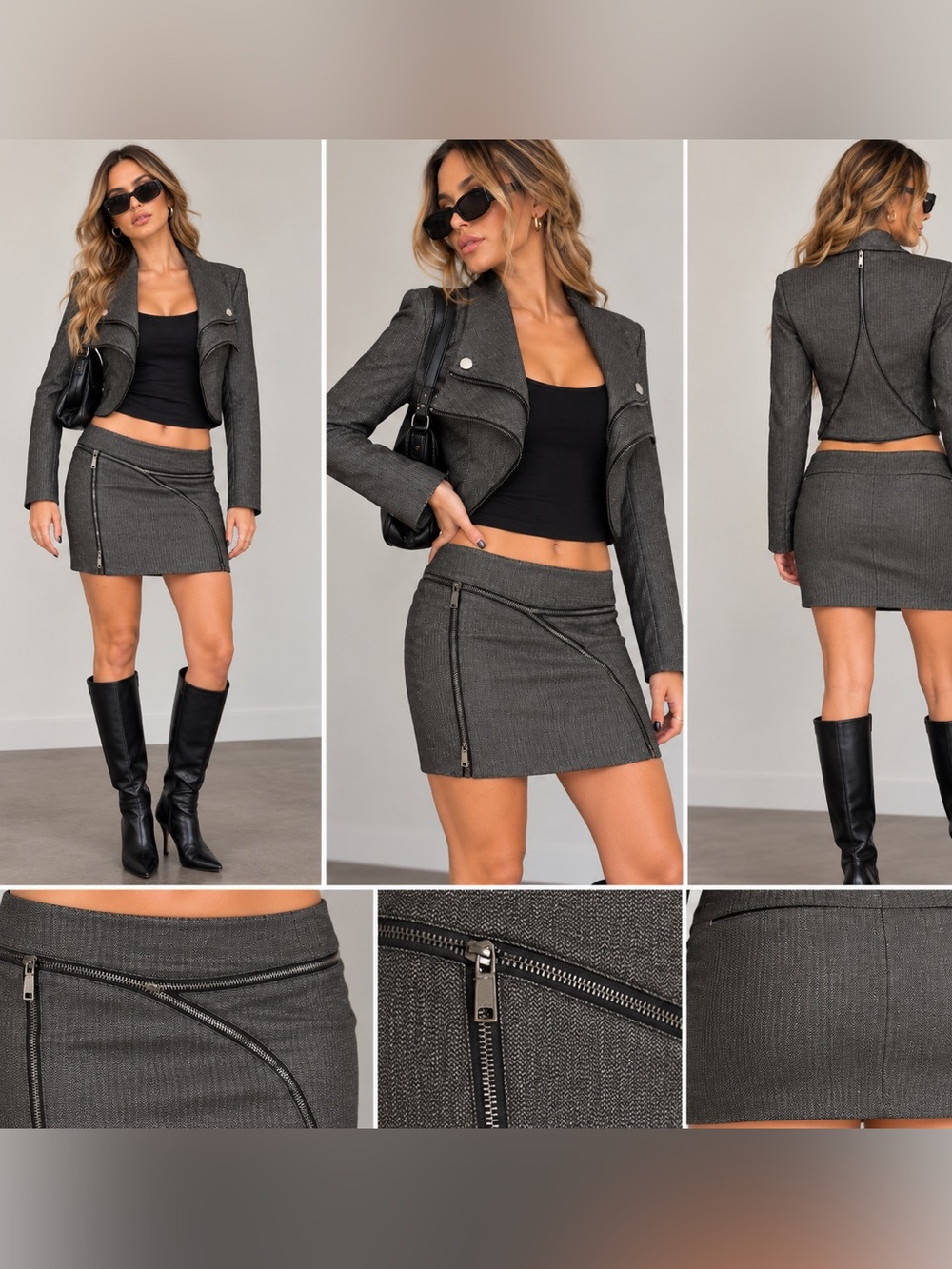 Y2K Bebe 2 Piece Moto Skirt Suit XS Zip Detail Cropped Jacket Mini Skirt